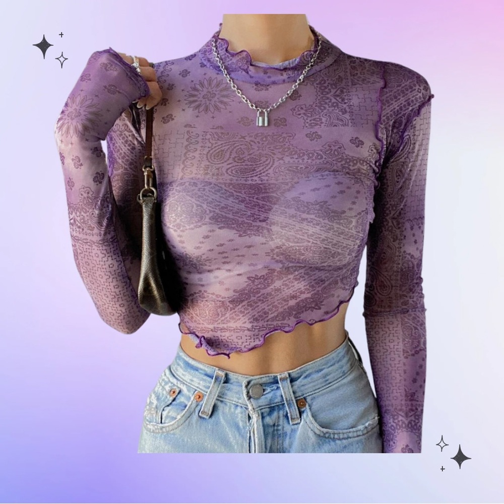 🔴SOLD🔴 Mesh Asymmetrical Paisley
Bandana Printed Mock Neck Top